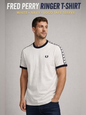 Fred Perry Taped Ringer T-shirt White Navy Logo Tape Sleeve Size Small
